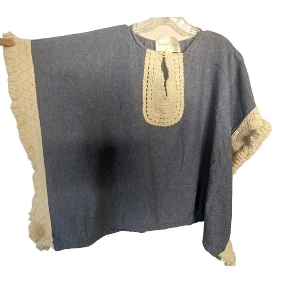 Original SOUVENIR EDITION by STACI WOO blue ivory fringe Bohemian Cotton Top S - Picture 3 of 10